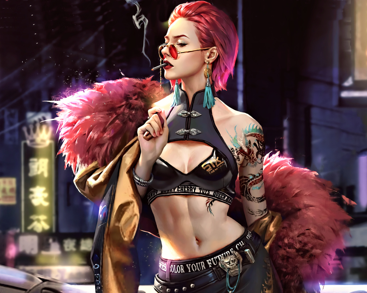 Брутальная девушка с розовыми волосами арт