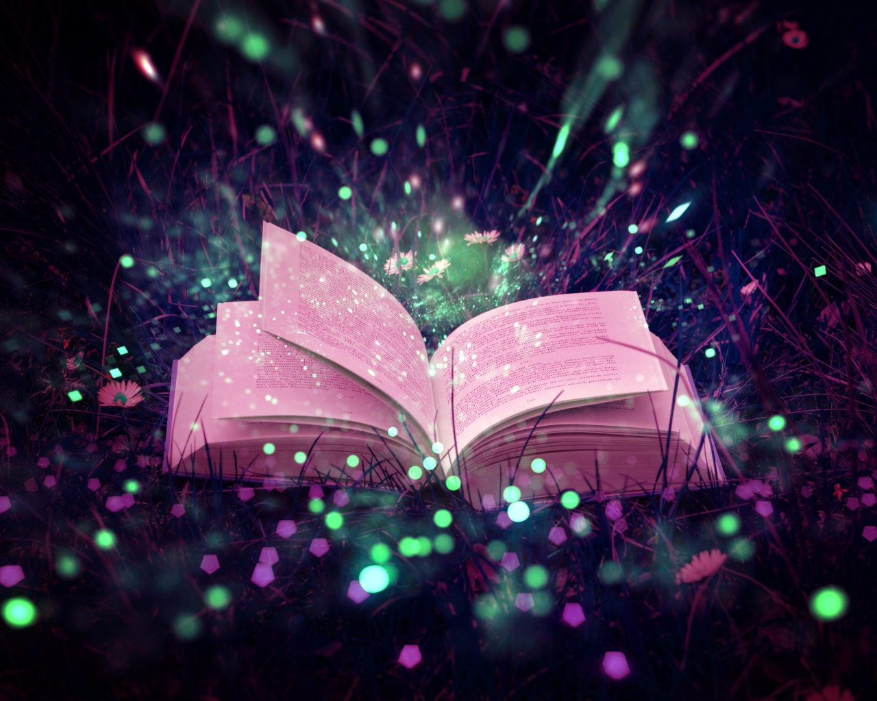 An open magic book lies in the grass