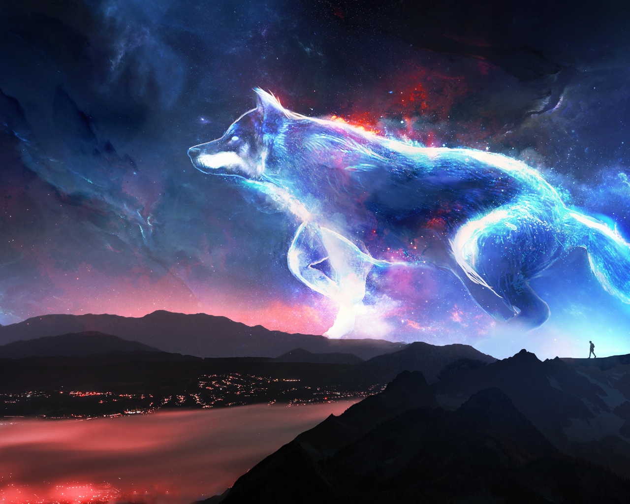 Большой фантастический неоновый волк в небе, фэнтези