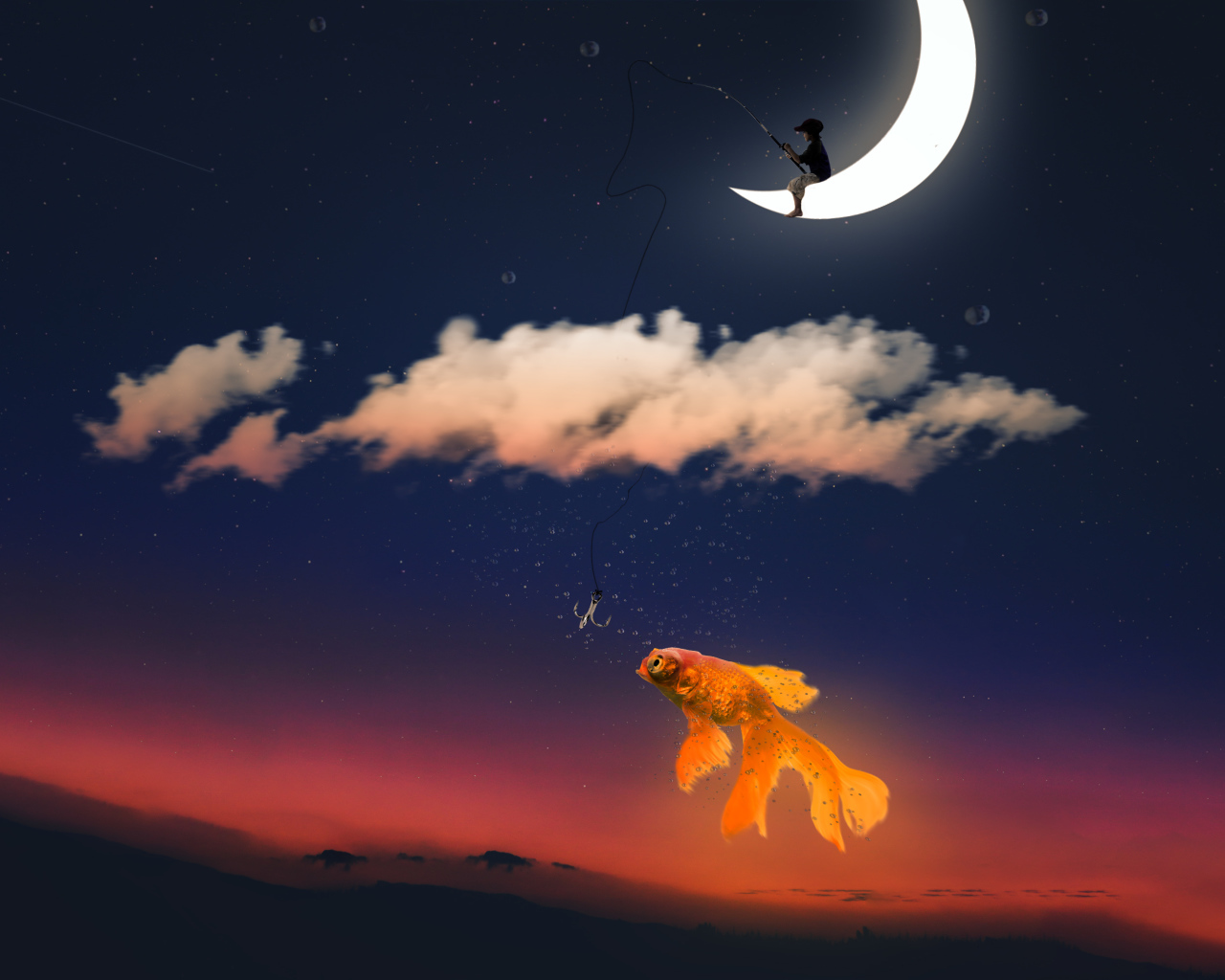 Мальчик на месяце ловит золотую рыбку фэнтези