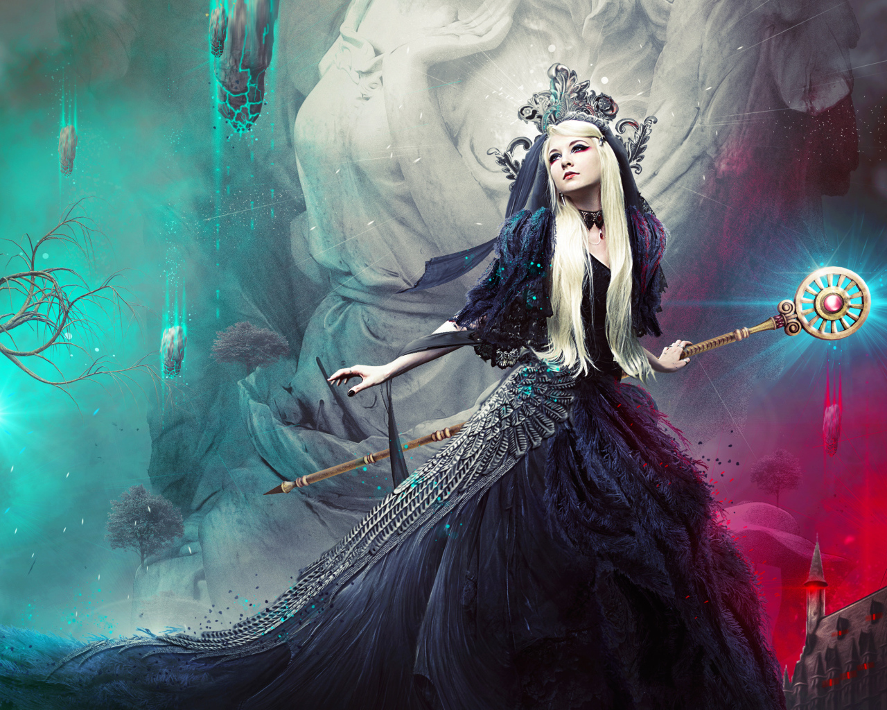 Девушка фантастический ангел в красивом черном платье 