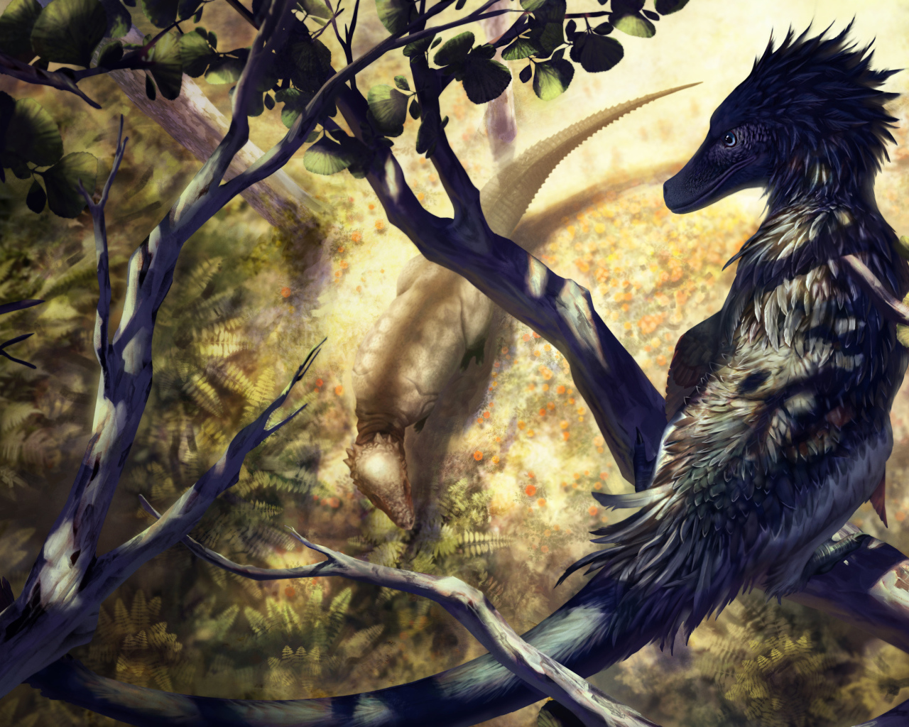 Фантастический дракон сидит на ветке 