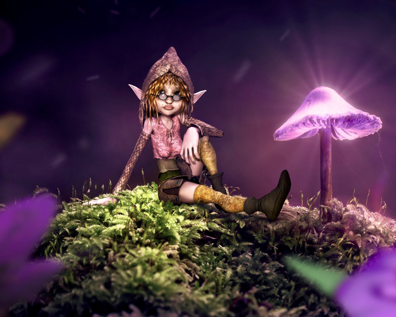 Фантастический эльф сидит на покрытой мхом земле с неоновыми грибами