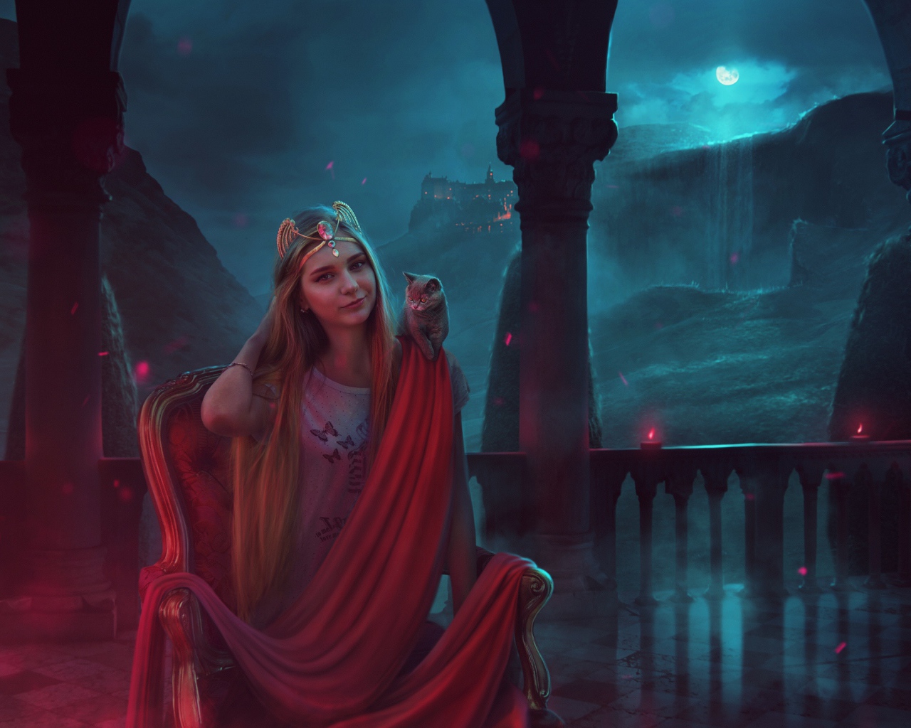 Фантастическая девушка с серым котенком на плече