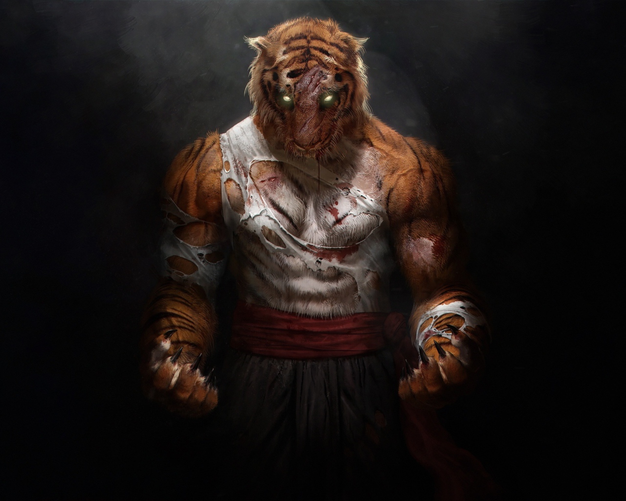 Фантастический тигр воин на сером фоне