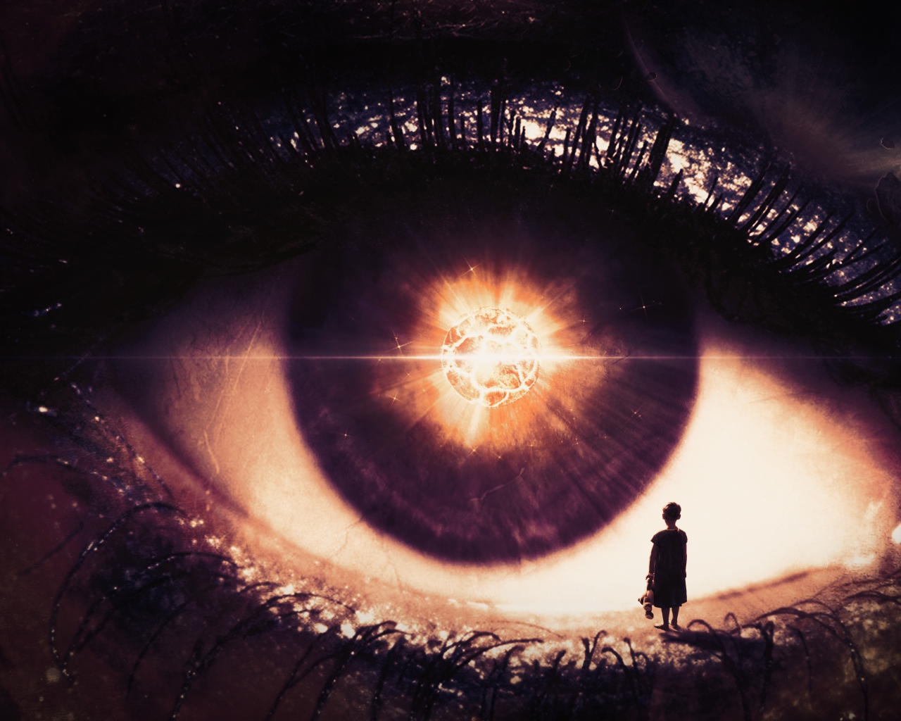 Маленькая девочка стоит на открытом фантастическом глазу