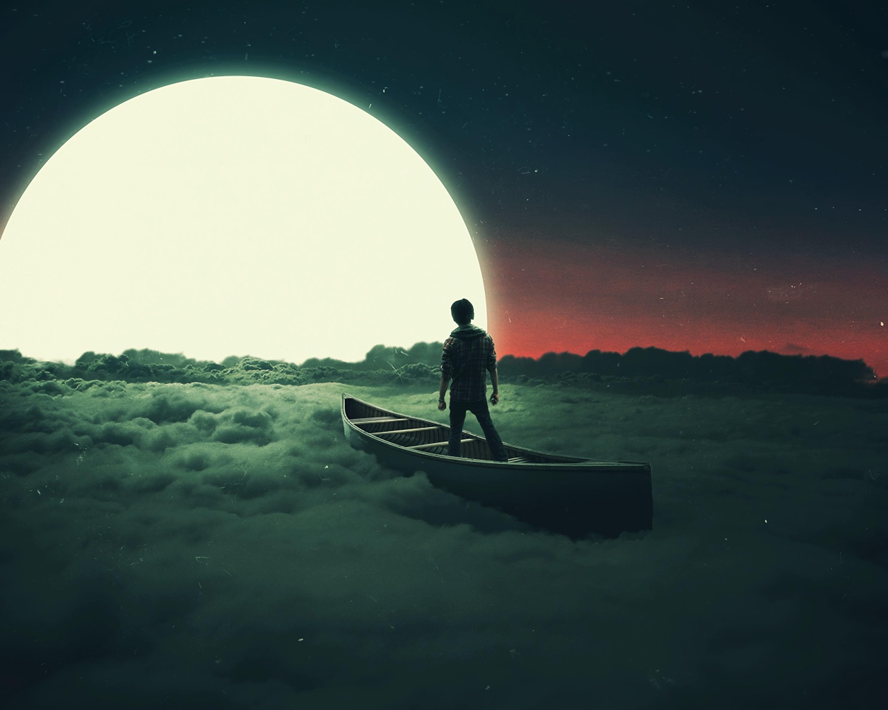 Мальчик плывет на лодке по облакам к луне