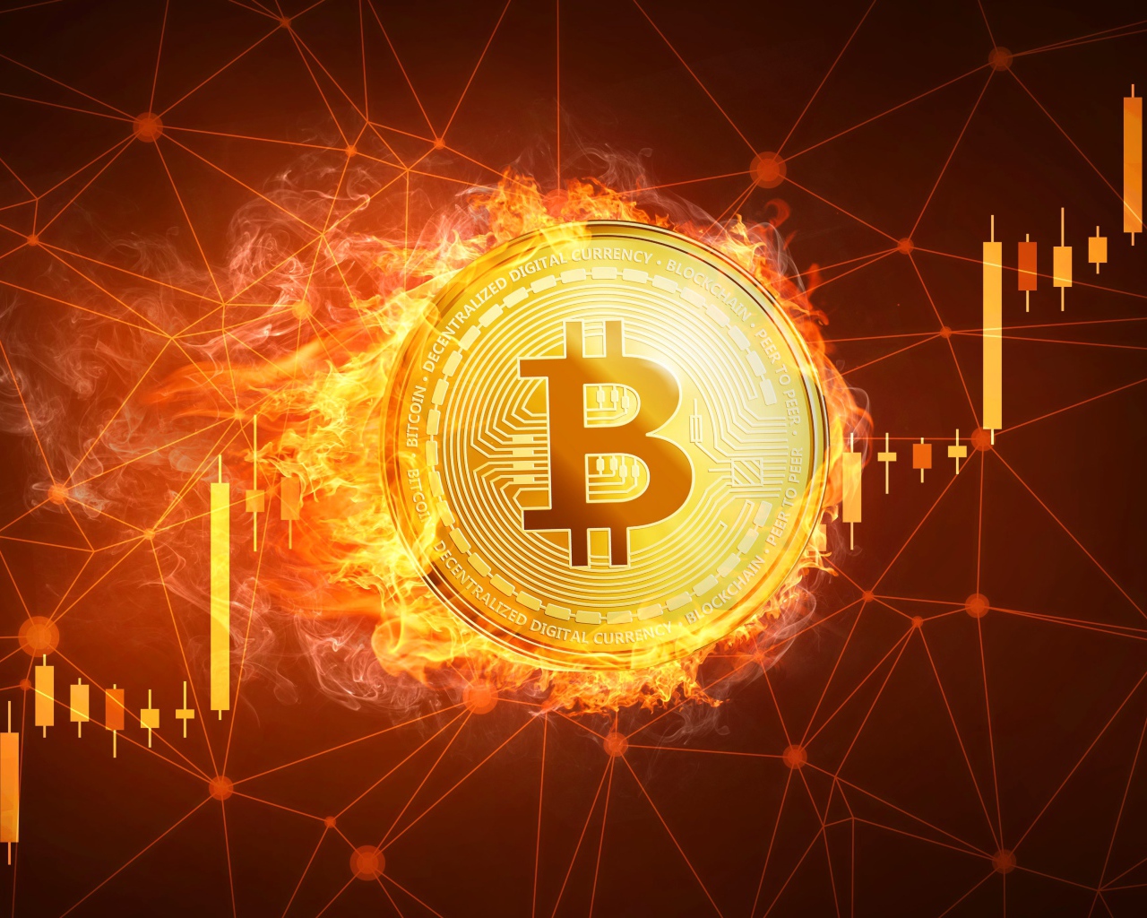 Монета Биткоин в огне на фоне сети 
