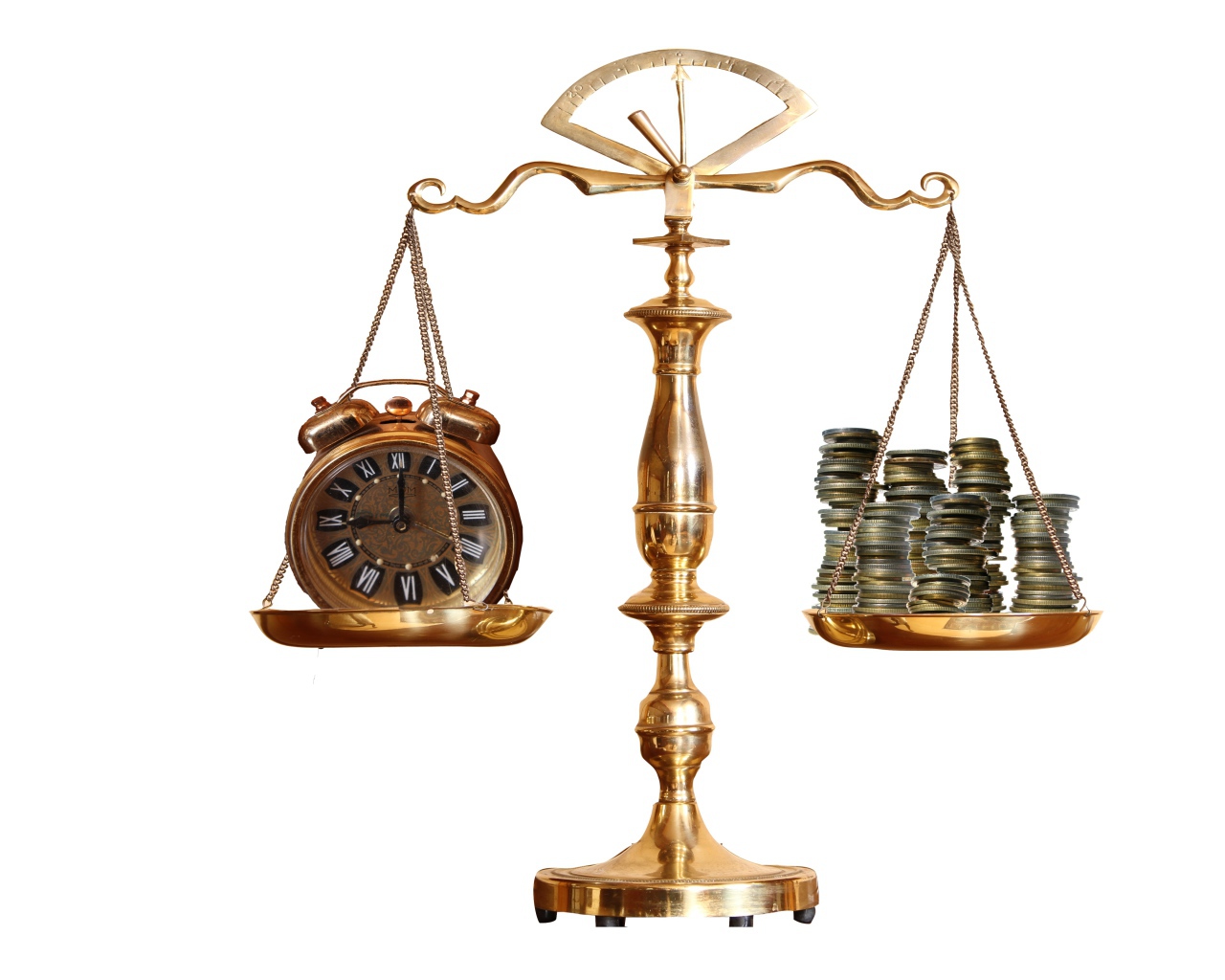 Scales with a clock and coins on the bowls