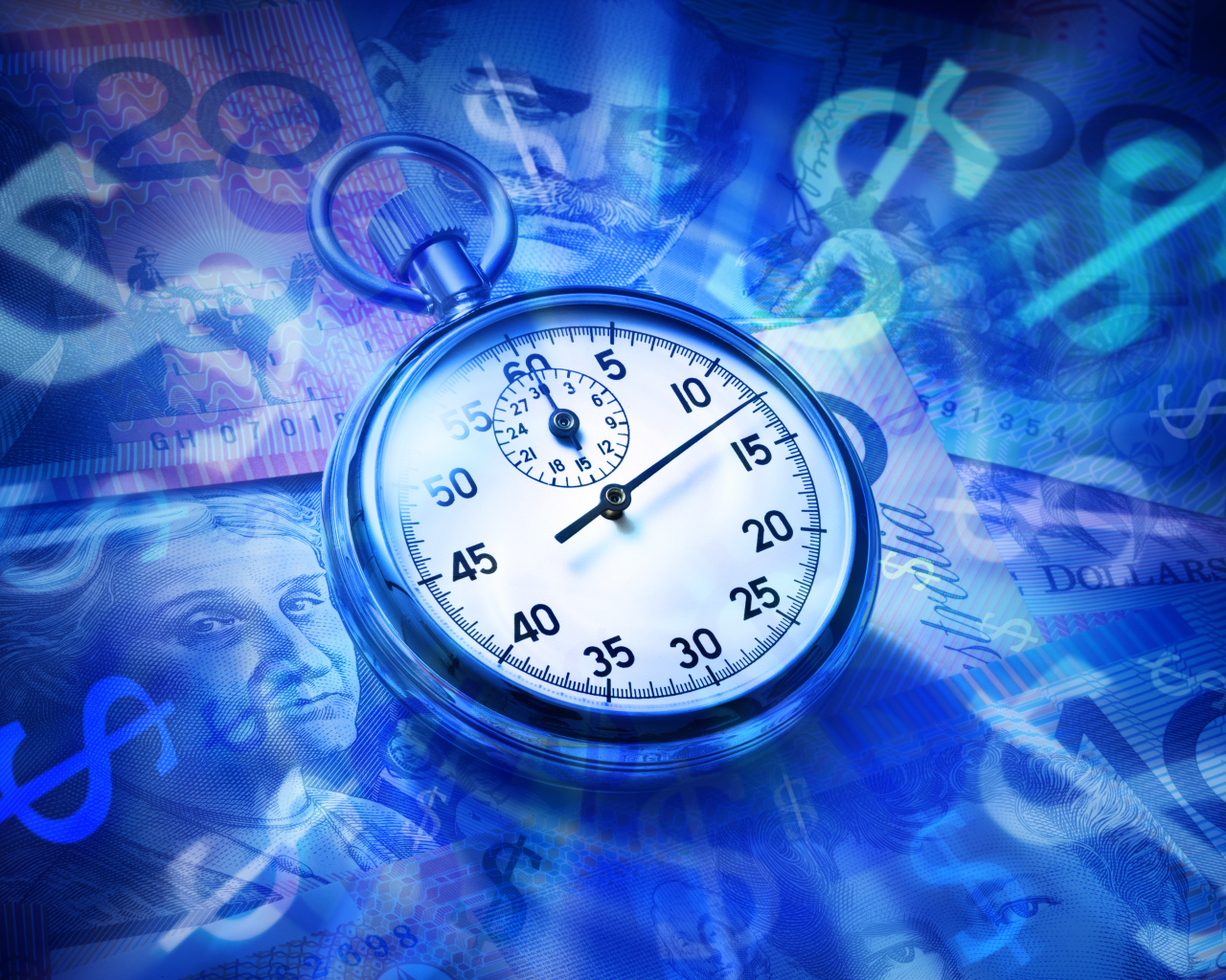 Секундомер лежит на купюрах разных стран 
