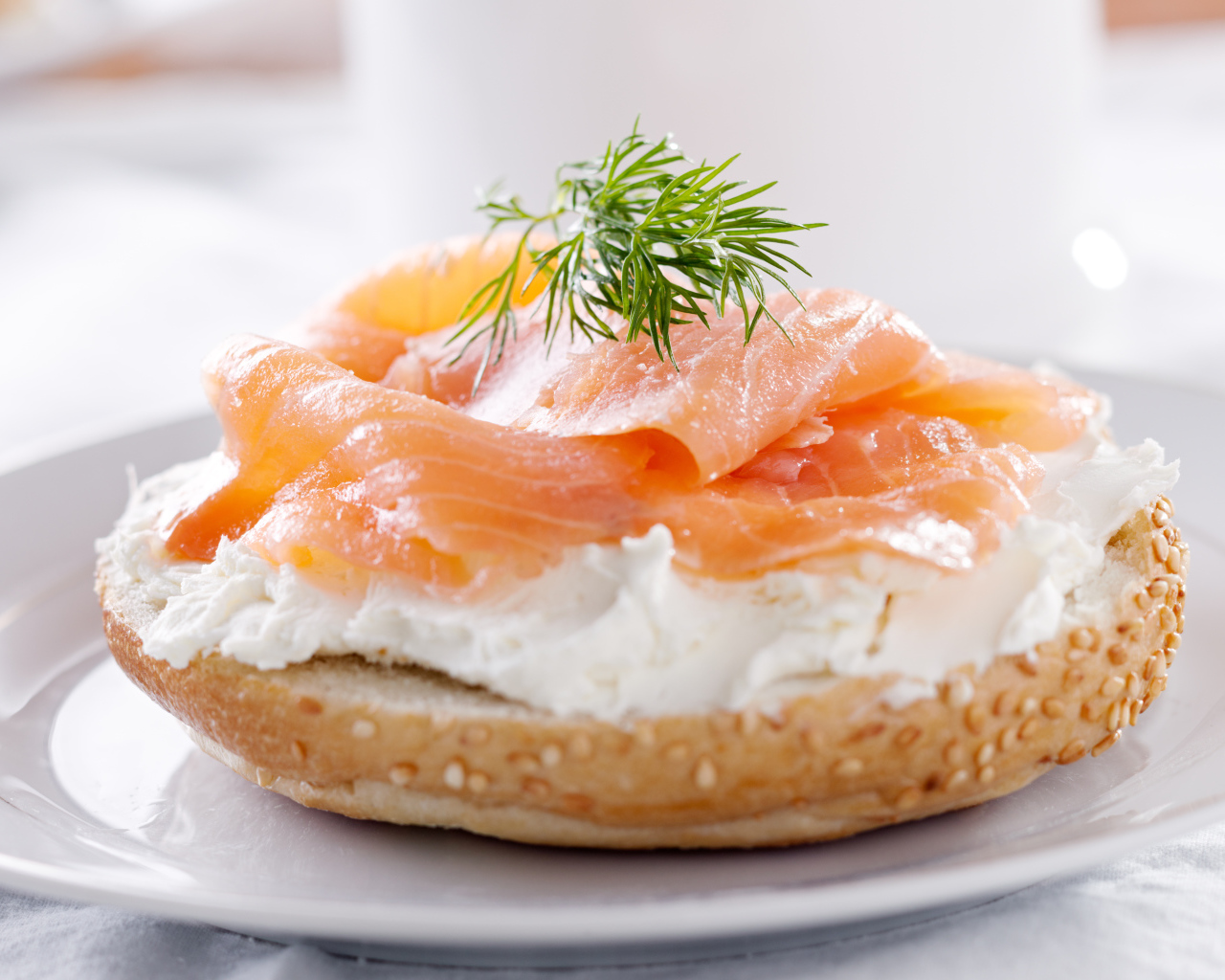Бутерброд с сыром и красной рыбой на белой тарелке