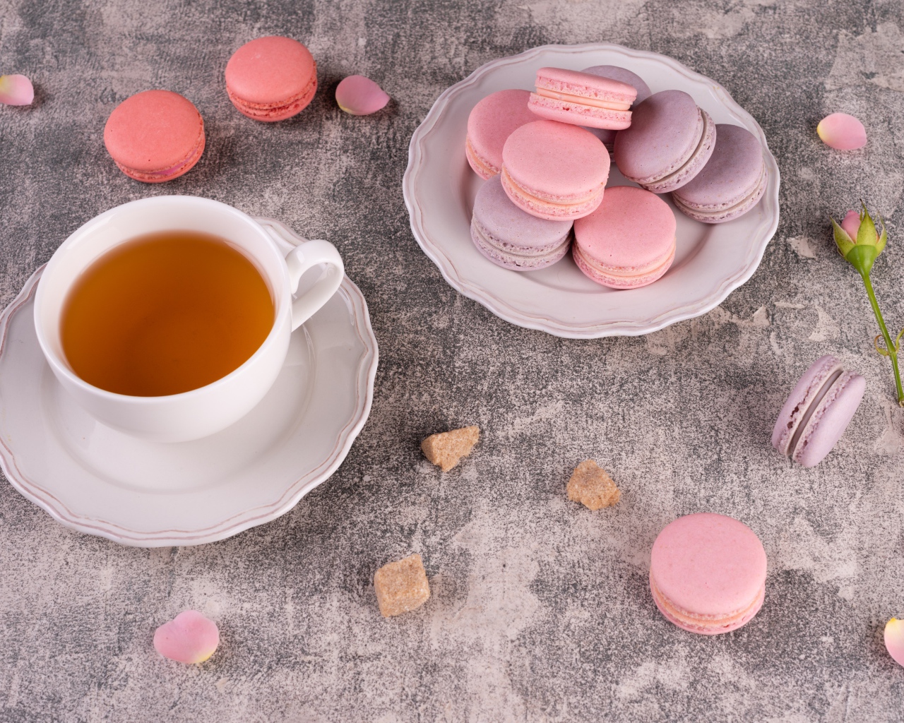 Тарелка с десертом макарун на столе с чашкой чая