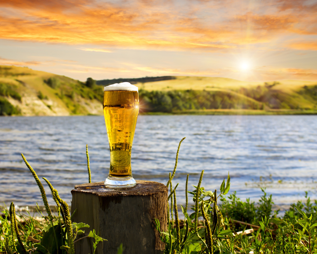Бокал пива стоит на пне у воды 