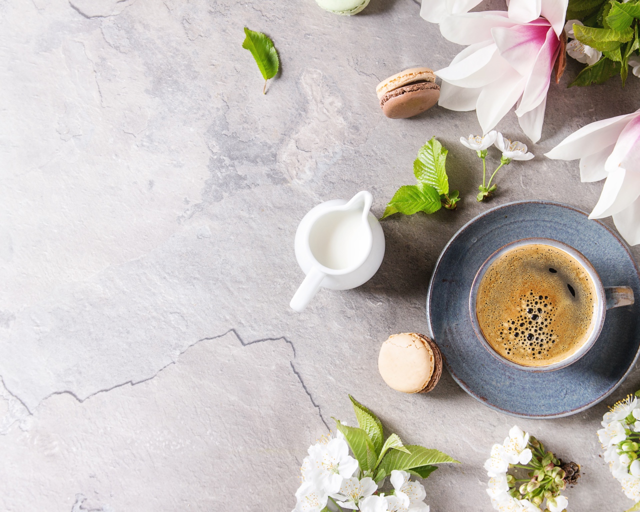 Чашка кофе на сером фоне с цветами вишни и магнолии