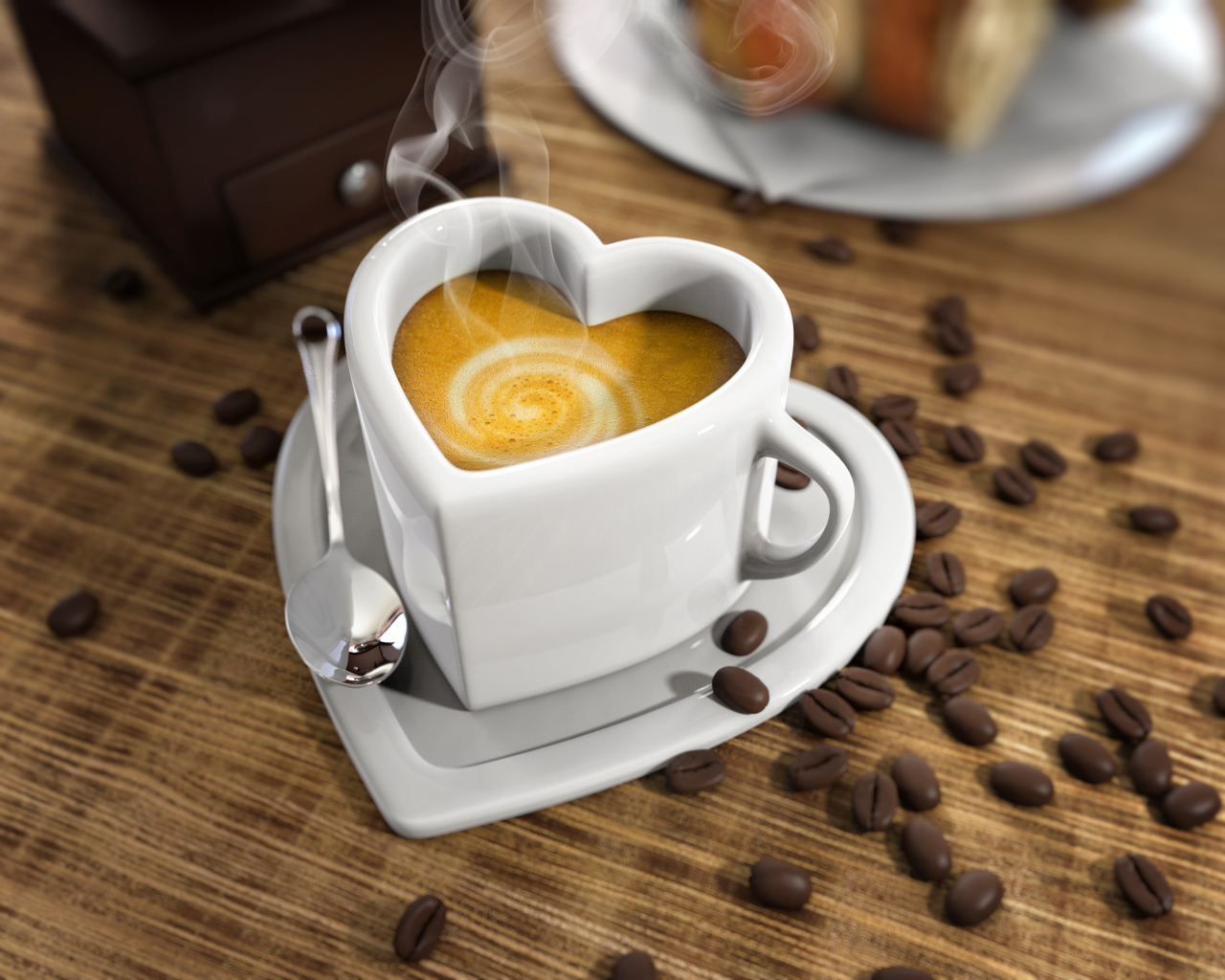 Белая красивая чашка в форме сердца на столе на зернами