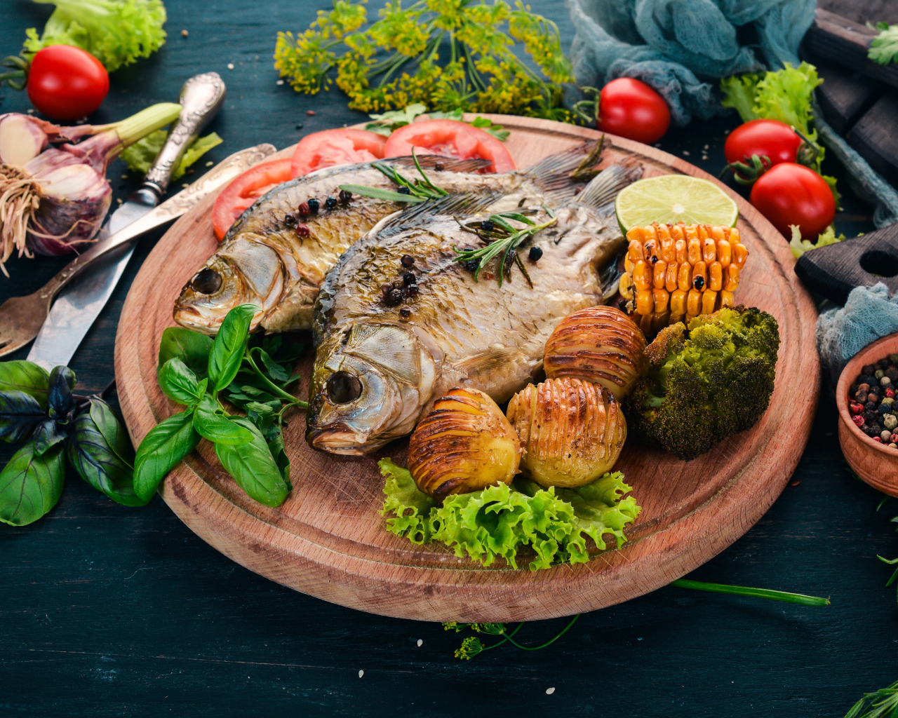 Запеченная рыба на разделочной доске с овощами 