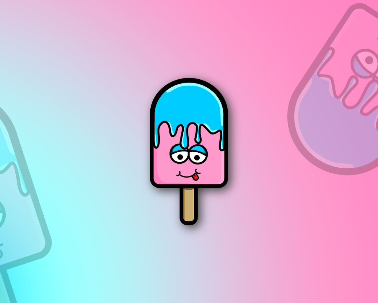 Мороженое на палочке с высунутым языком на розовом фоне