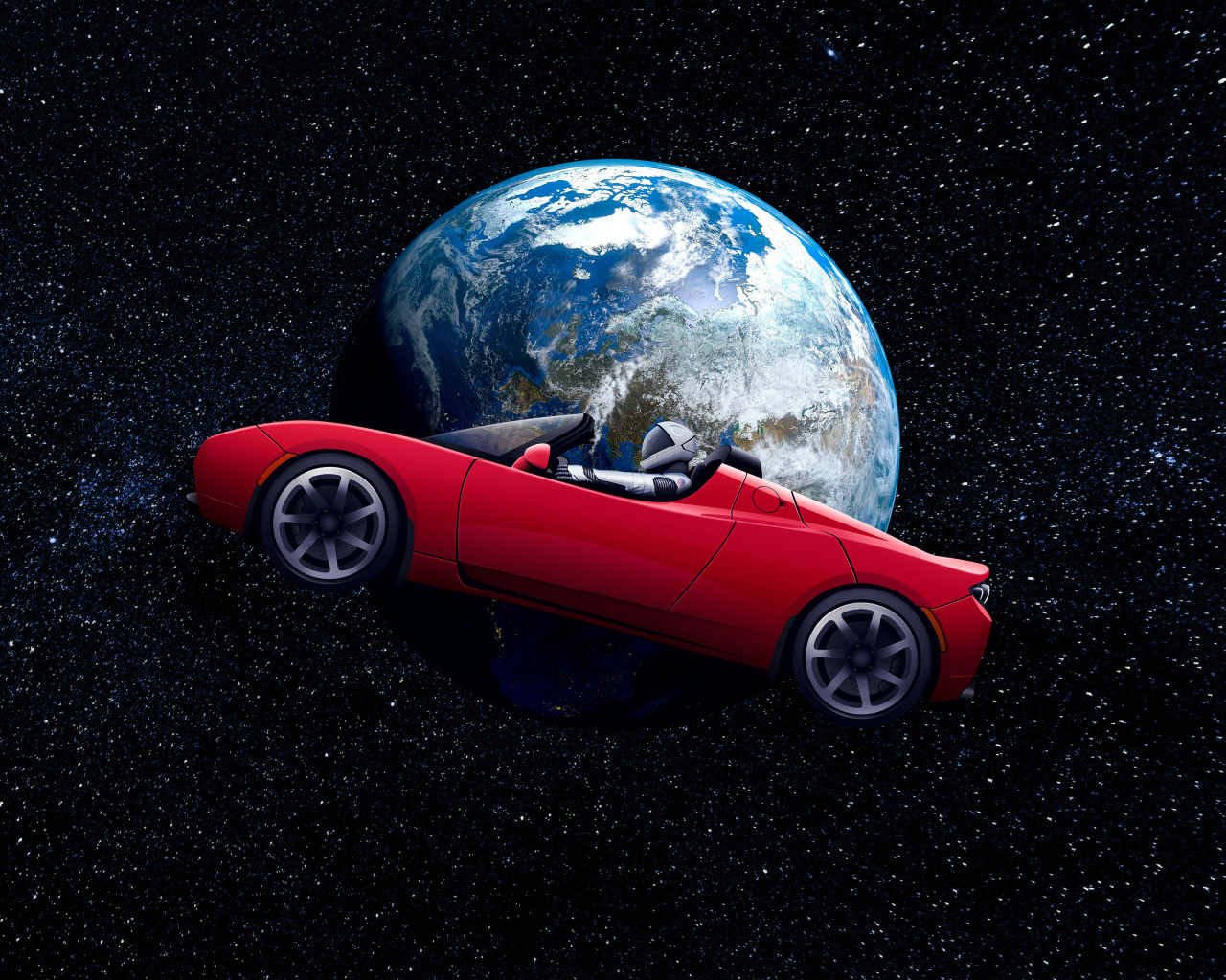 Red car Tesla Roadster flies in space above the earth