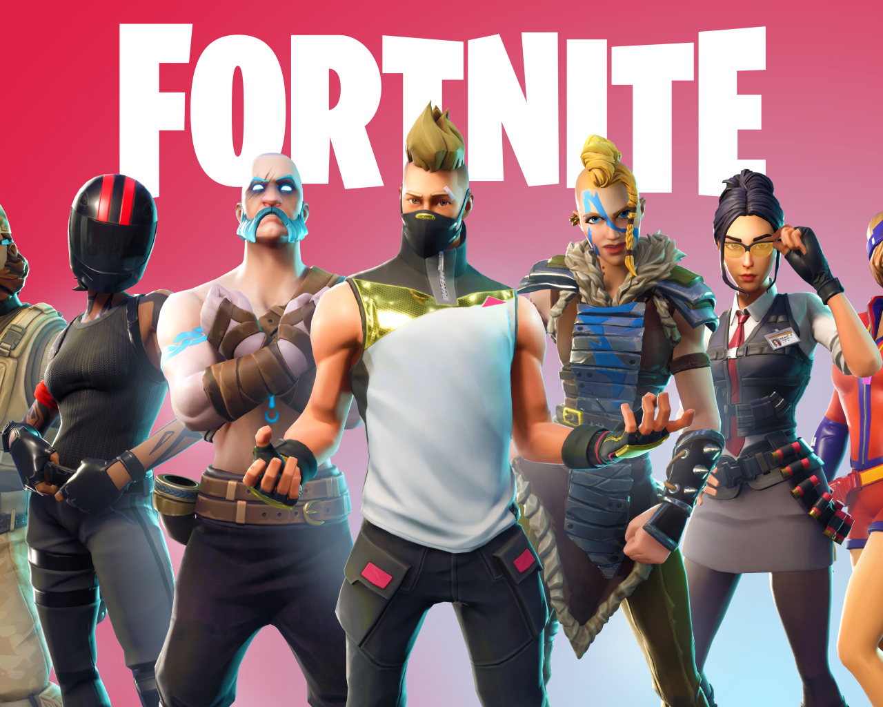 Персонажи компьютерной игры Fortnite на розовом фоне