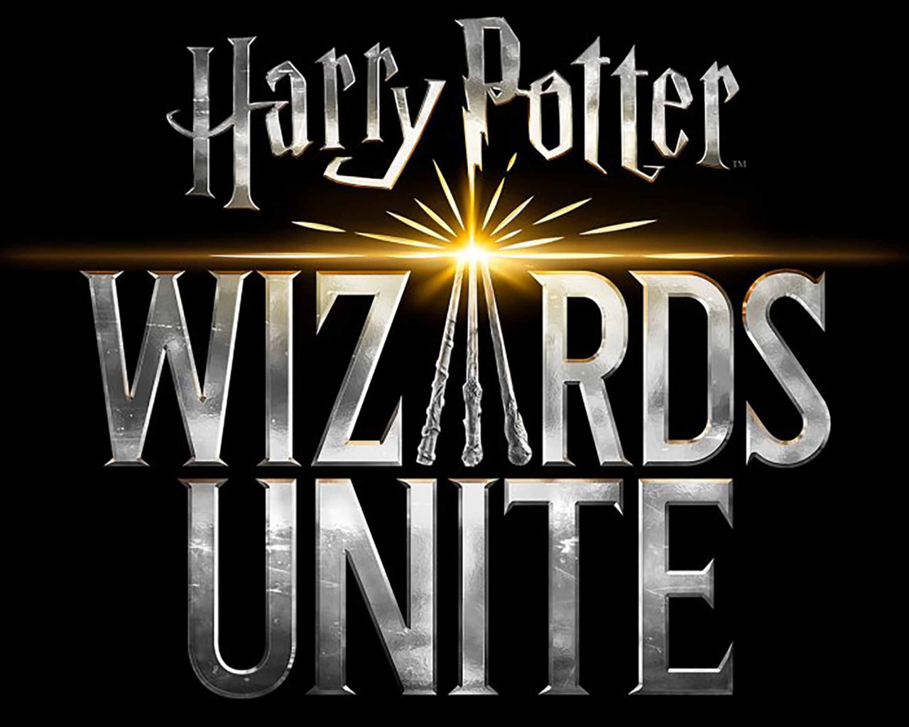 Логотип новой видеоигры Harry Potter: Wizards Unite, 2019 года на черном фоне