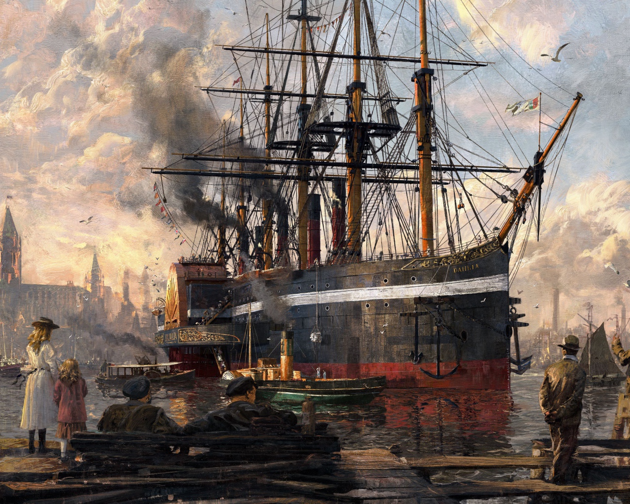 Корабль в порту кадр компьютерной игры Anno 1800, 2019 года