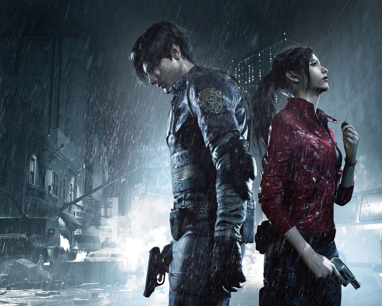 Персонажи компьютерной игры Resident Evil 2, 2019 года под дождем