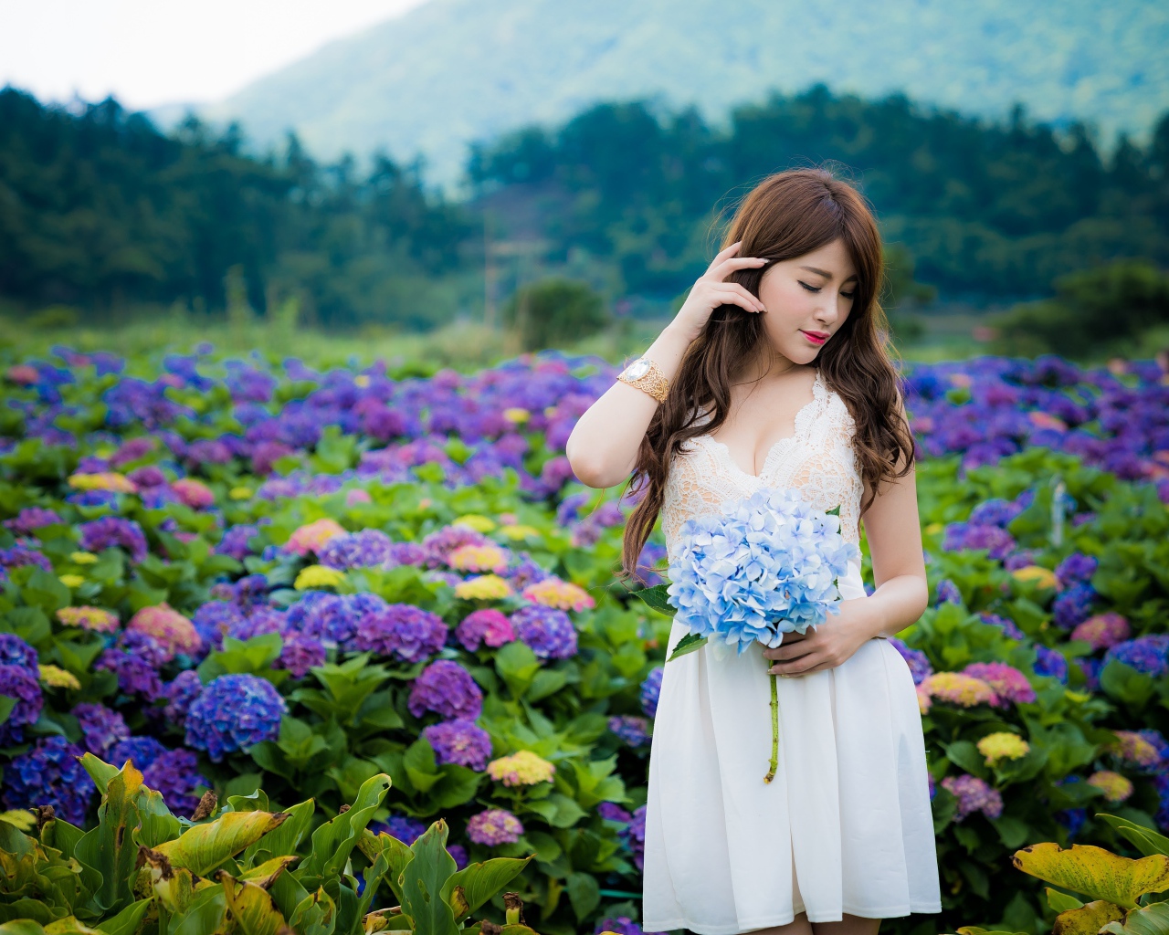 Красивая девушка азиатка в белом платье с цветами гортензии 