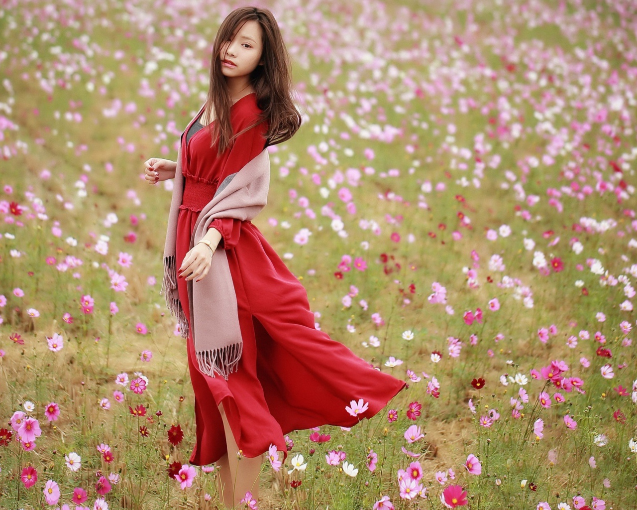 Красивая азиатка в красном платье на поле с цветами космеи