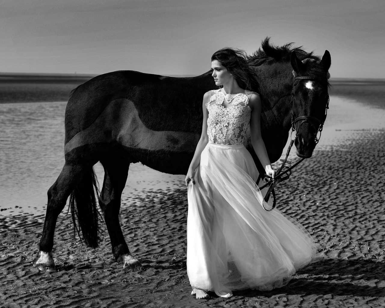 Красивая девушка в свадебном платье с лошадью на берегу моря