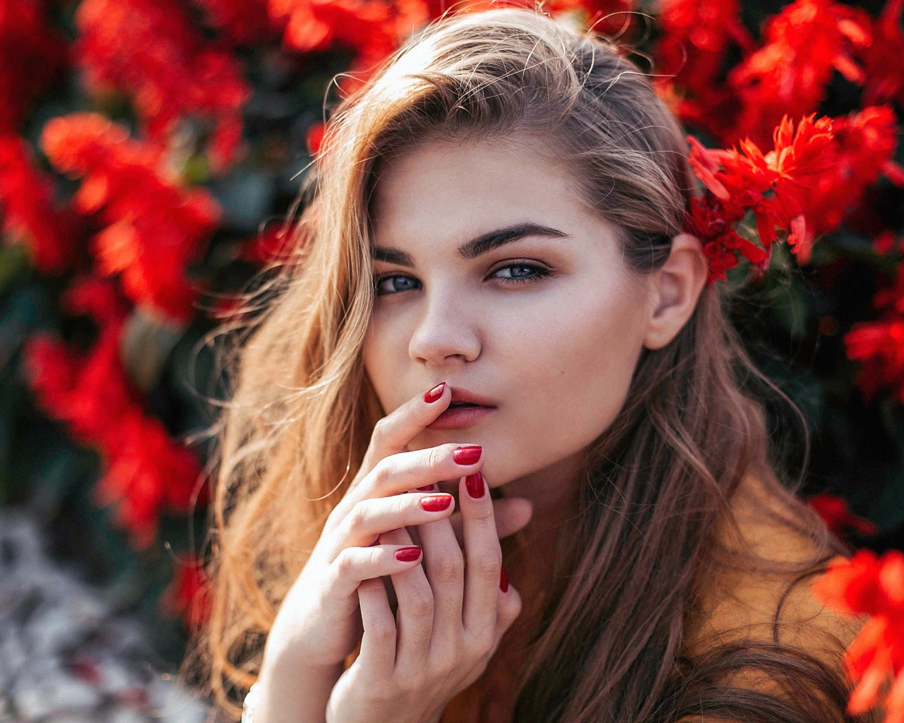 Красивая девушка на фоне красных цветов