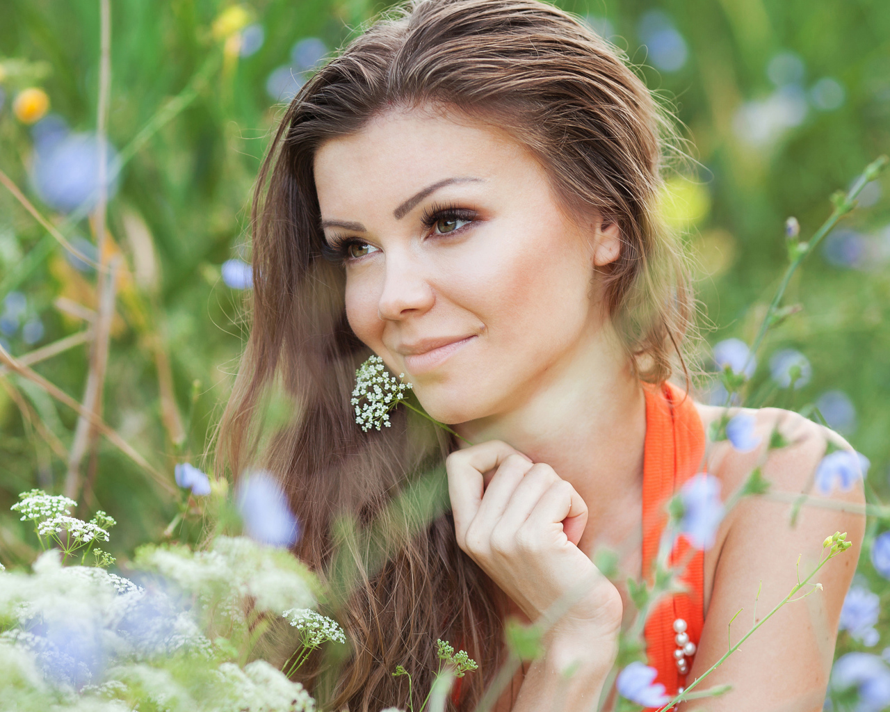 Красивая нежная девушка лежит в цветах на поле