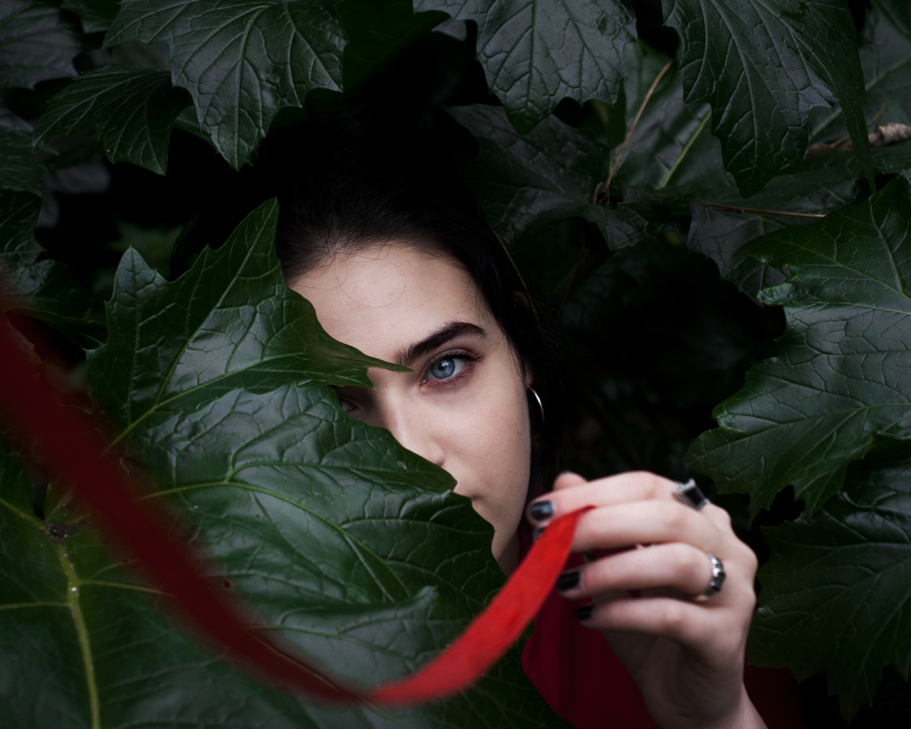 Голубоглазая девушка в больших зеленых листьях