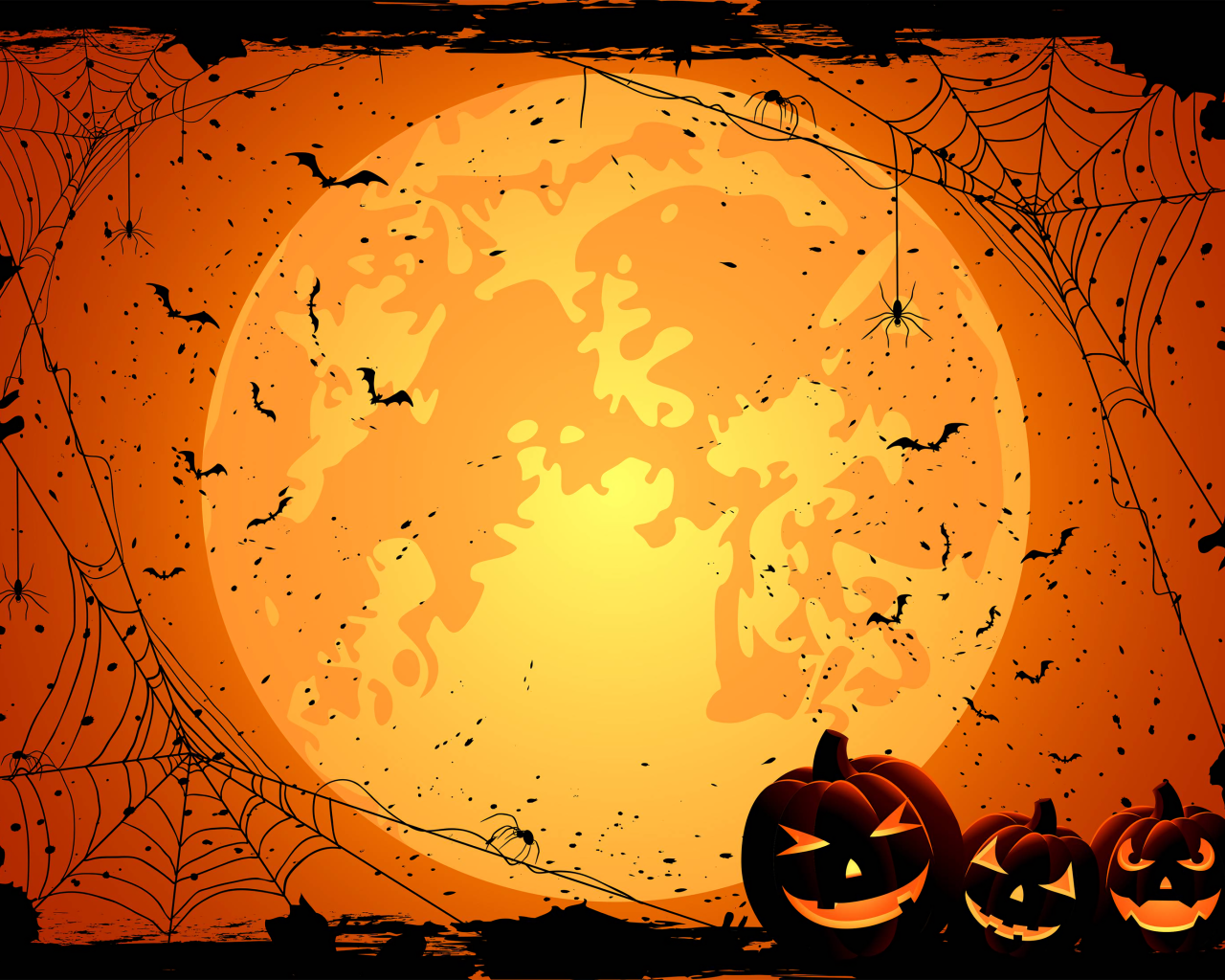 Большая желтая луна с паутиной и тыквами фон на Хэллоуин 