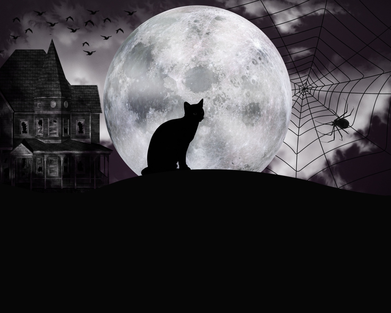 Черный кот на фоне большой луны на Хэллоуин 