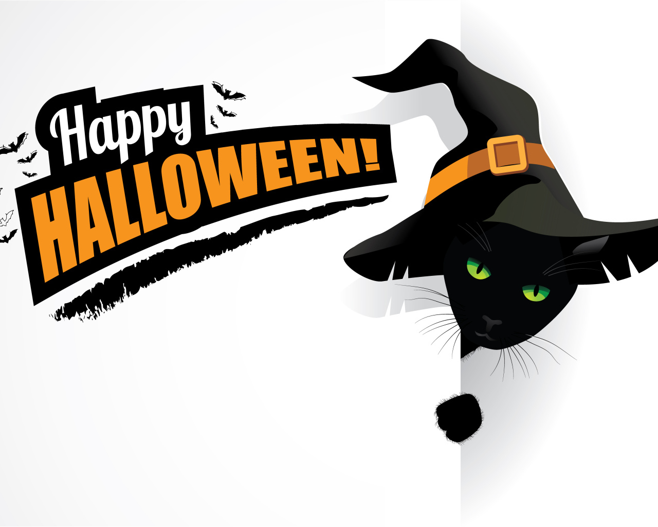 Черный кот в шляпе ведьмы с надписью на белом фоне