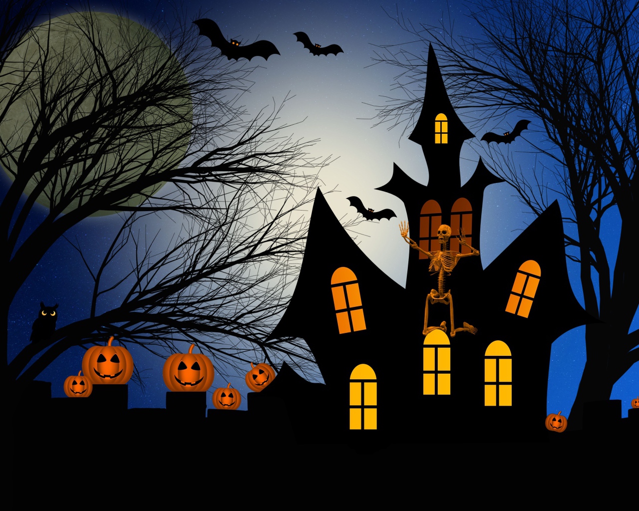 Зловещий замок со скелетом, тыквами и летучими мышами на фоне большой луны 