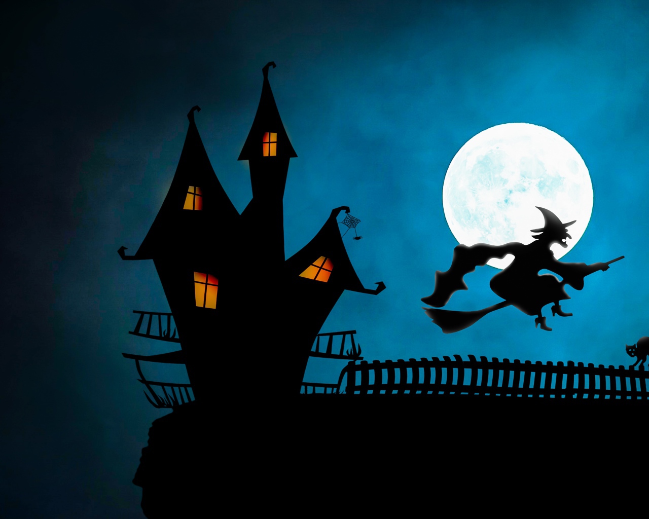 Ведьма на метле у черного замка на фоне луны 