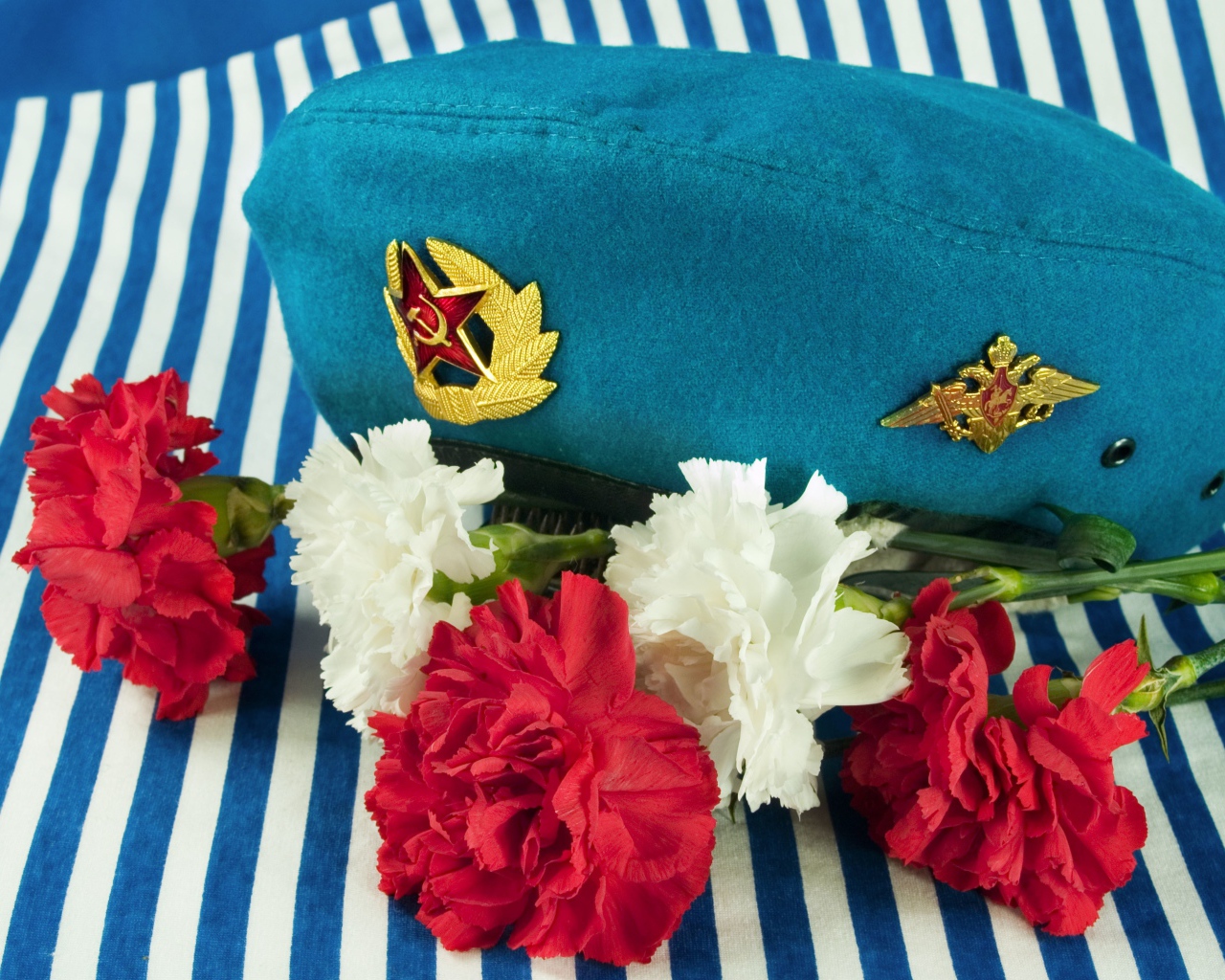 Букет гвоздик, берет ВДВ и тельняшка на 9 мая 