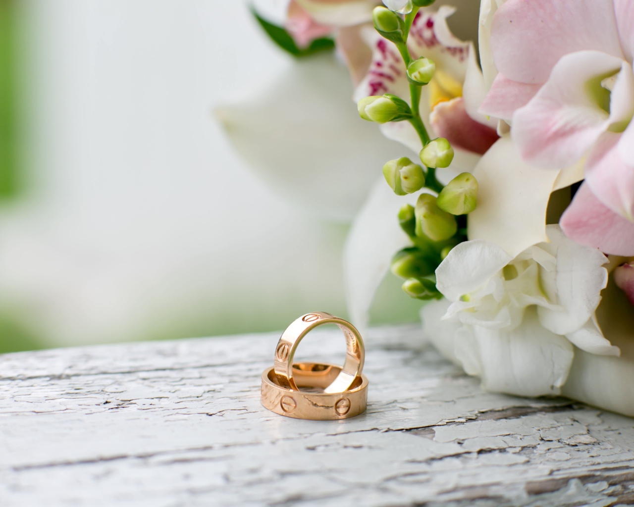 Два золотых обручальных кольца лежат на столе с цветами