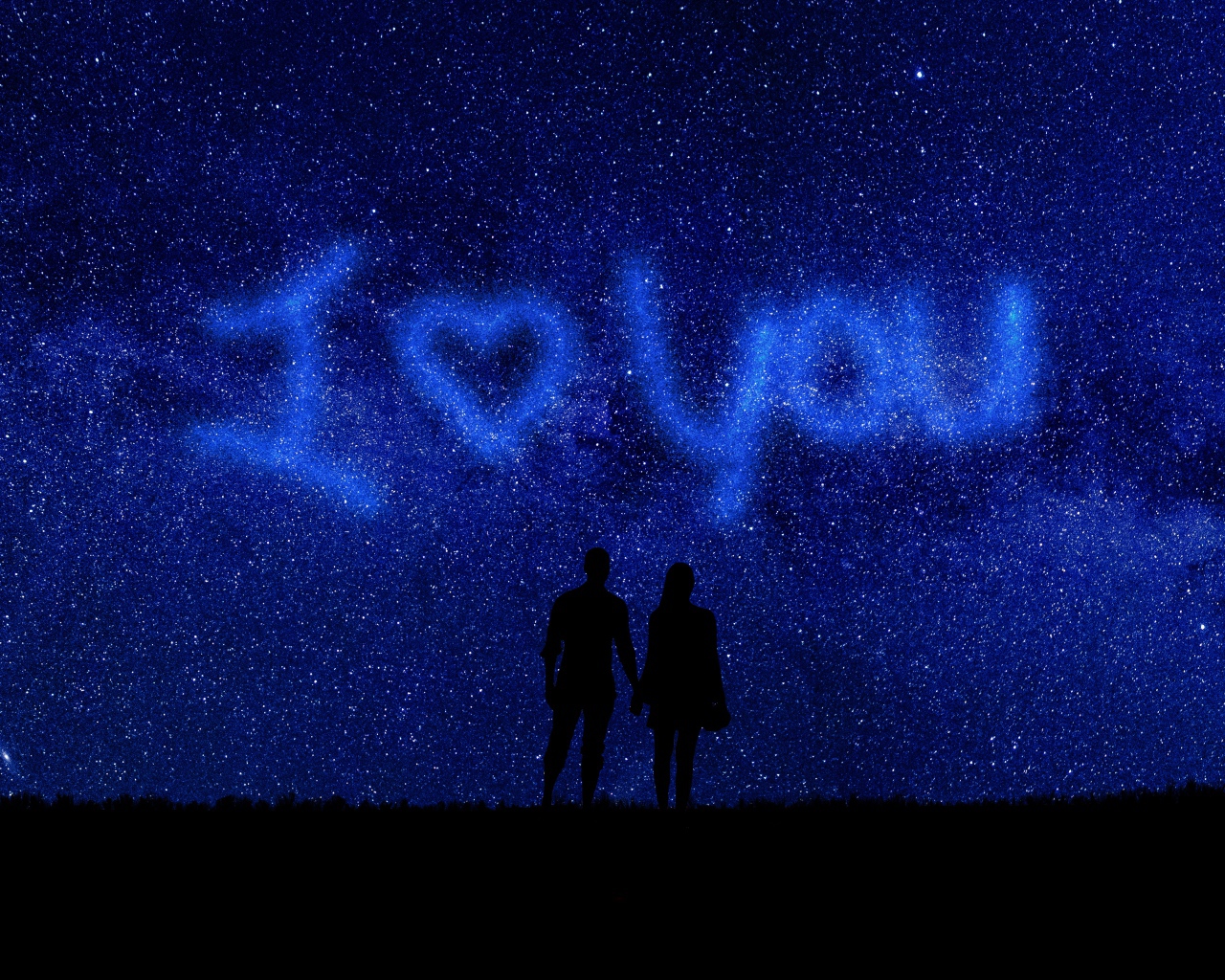 Влюбленная пара на фоне неба с надписью я тебя люблю 