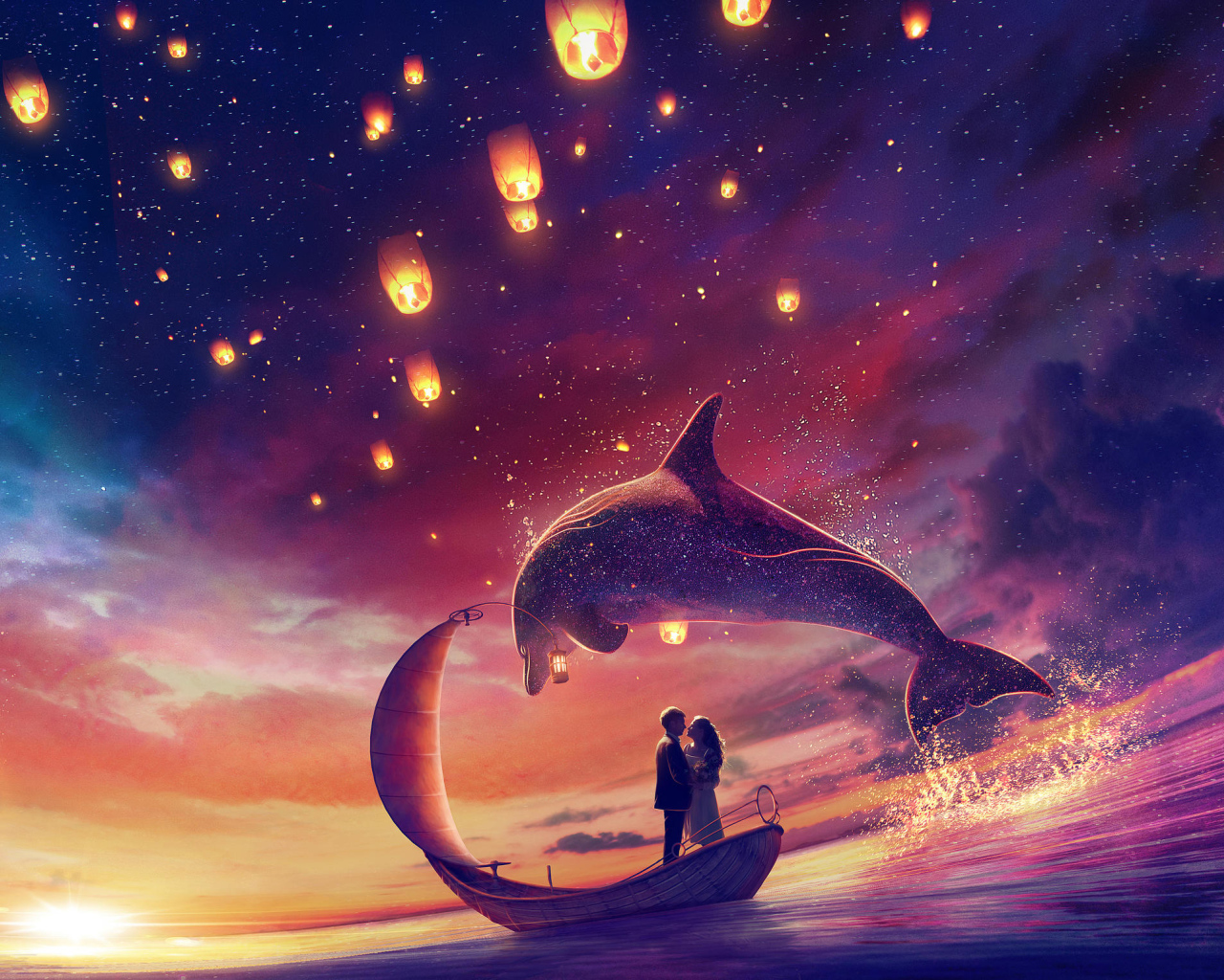 Влюбленная пара на лодке в воде с дельфинами