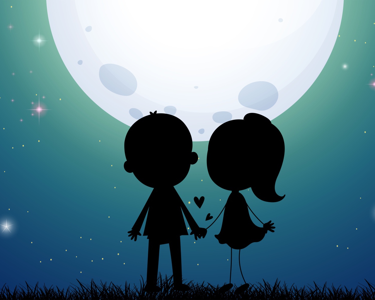 Нарисованные силуэту влюбленной пары на фоне луны