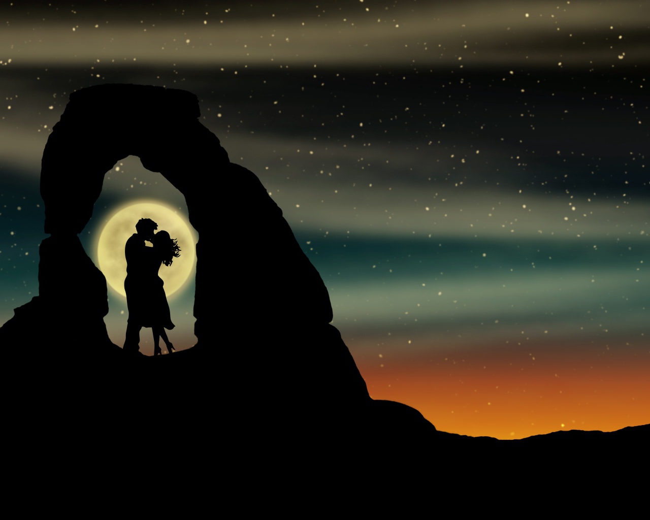 Поцелуй влюбленной пары в горах на фоне луны