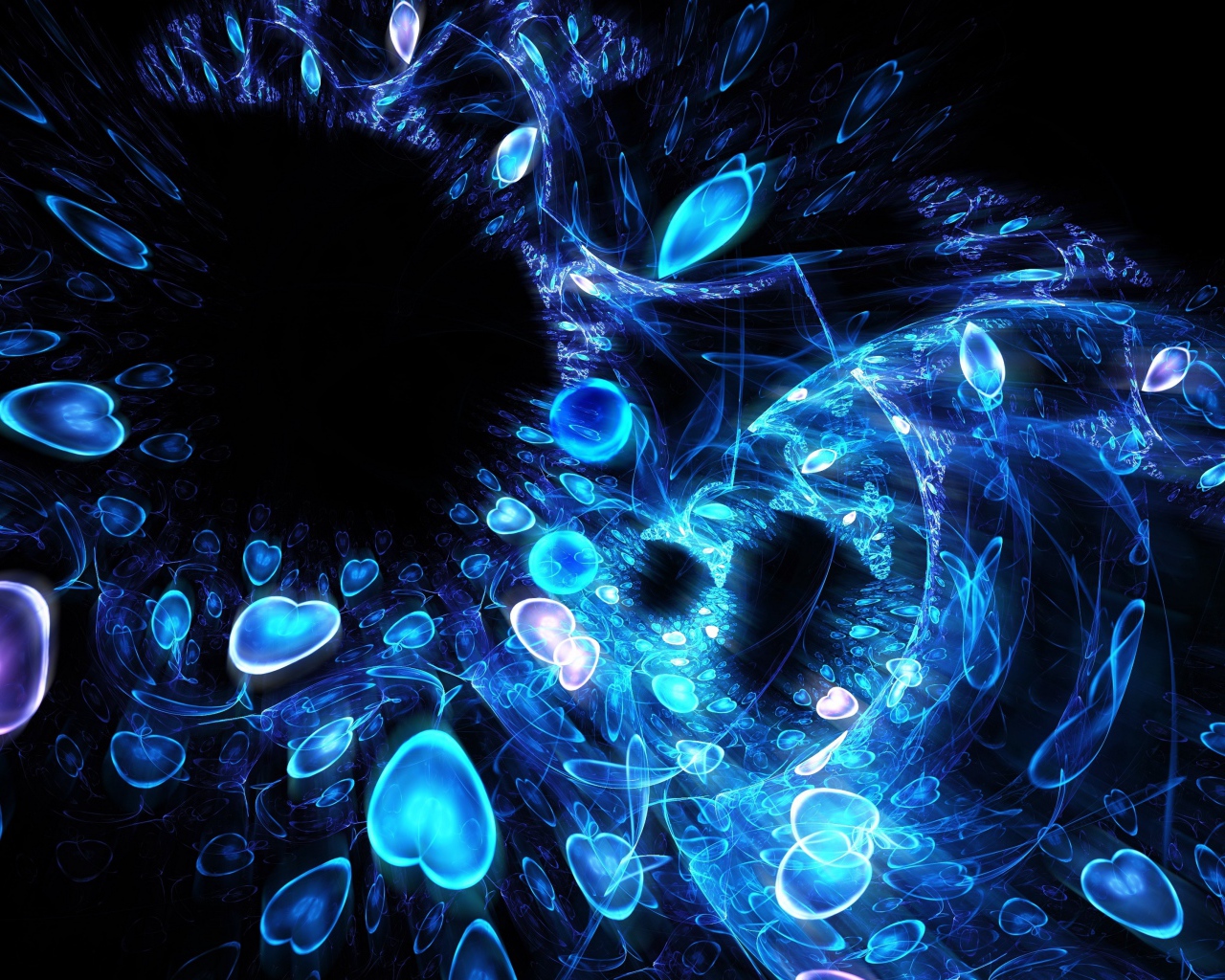 Узор из неоновых сердец на черном фоне, абстракция