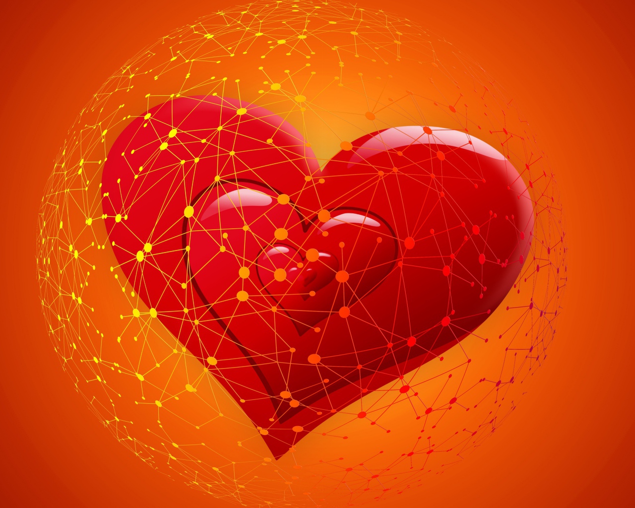 Red heart on the World Wide Web on an orange background