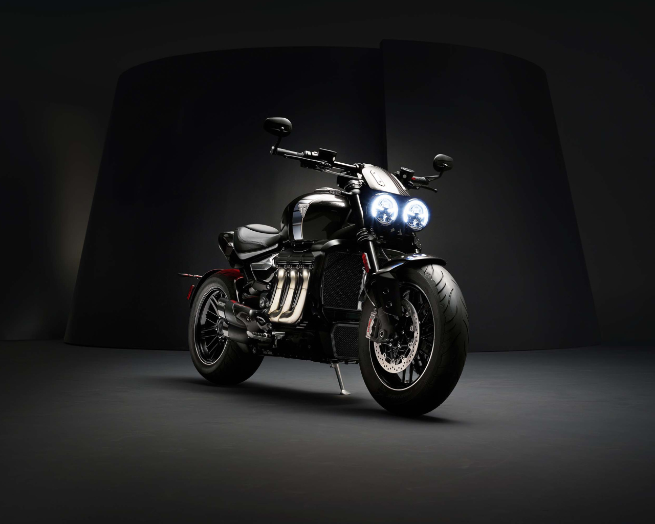 Motorcycle Triumph Rocket 3 TFC 2019 with headlights on