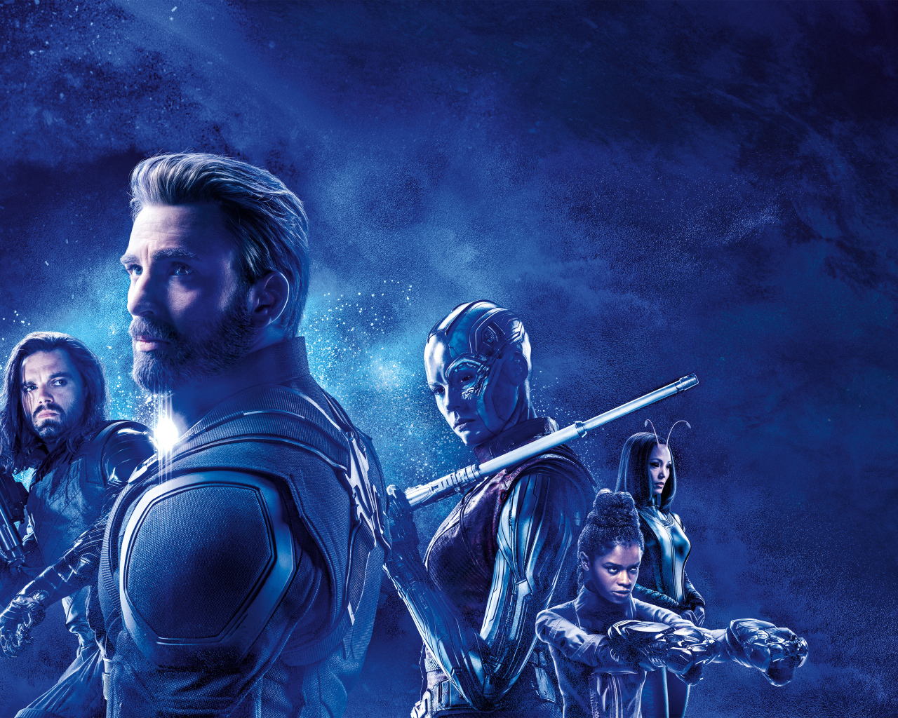 Персонажи фильма Мстители: Финал на фоне голубой галактики 
