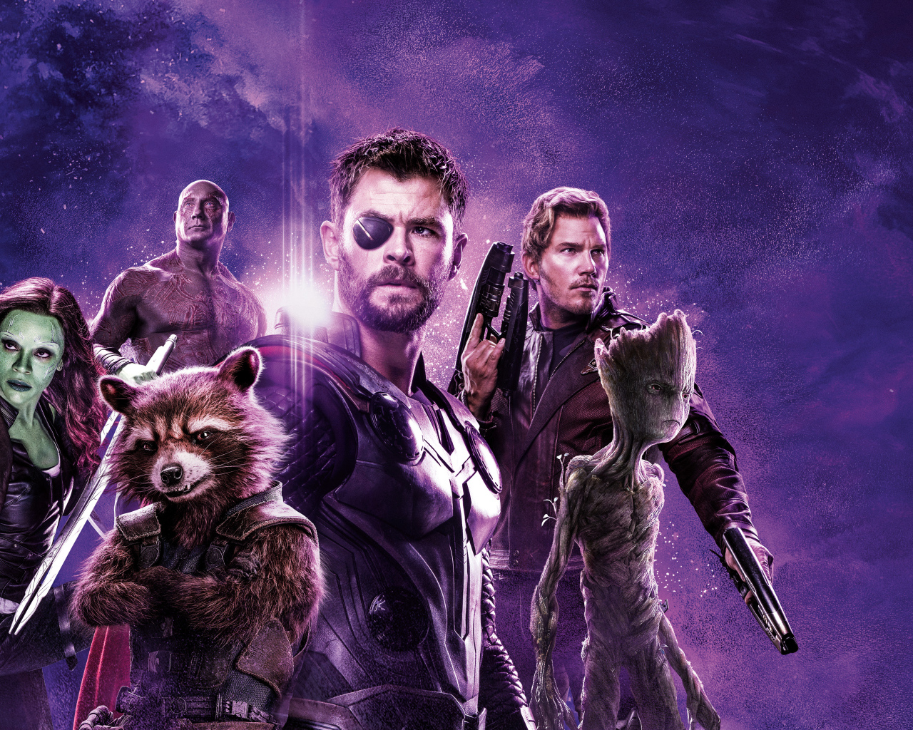 Главные герои фильма Мстители: Финал 2019 года на фиолетовом фоне