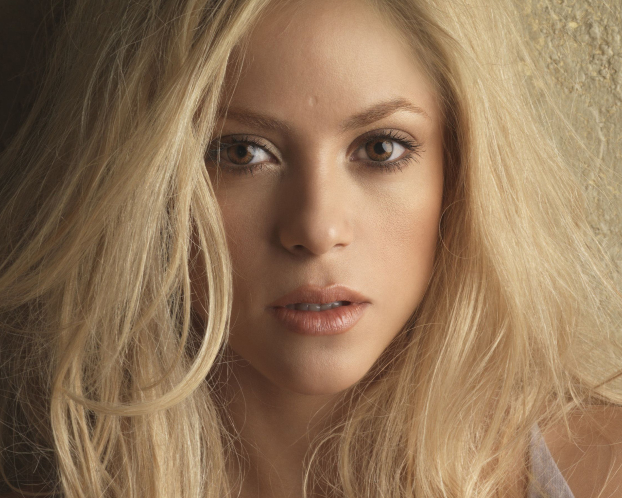 Кареглазая девушка, певица Шакира у стены