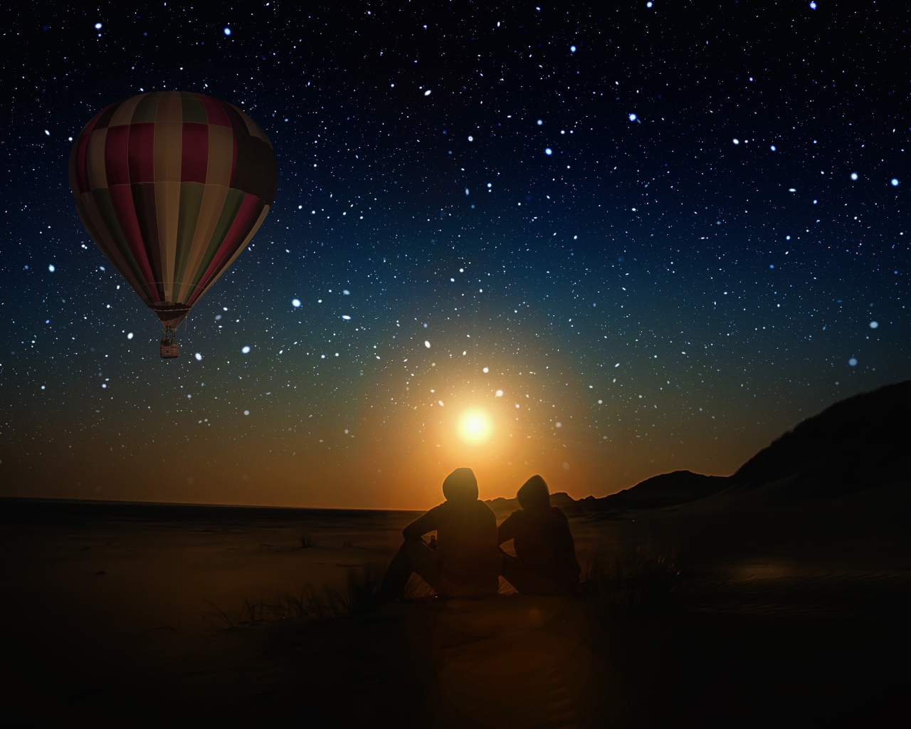 Воздушный шар в звездном небе на фоне луны